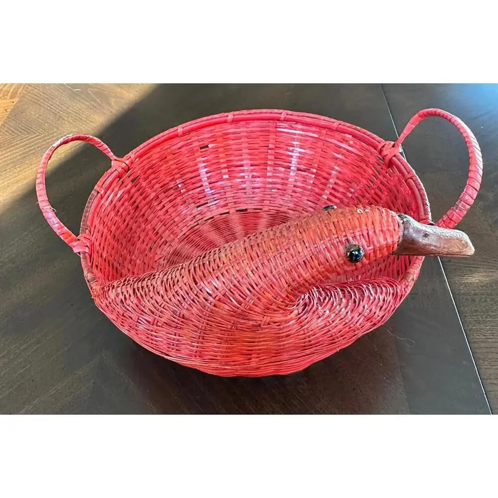 Vintage Red Wicker Duck Goose‎ Basket, Glass Eyes
